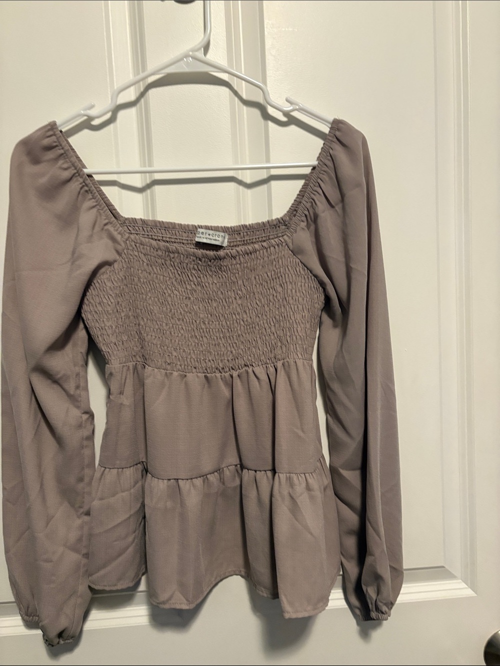 Paper Crane Taupe Smocked Tiered Peasant Top